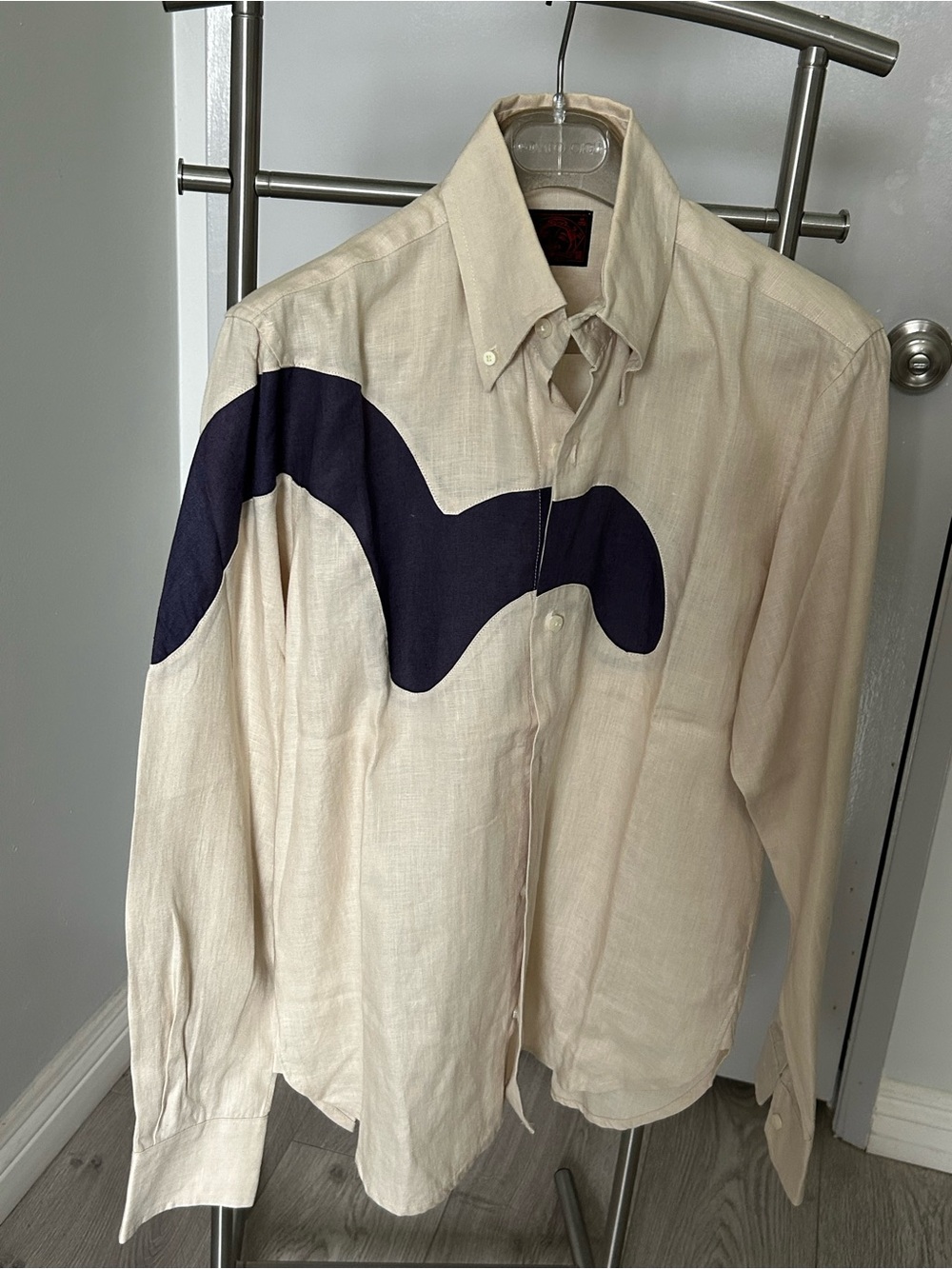 Rare Evisu Linen Dress Shirt with Big Draft Logo Across the Chest